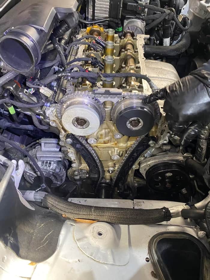 Close-up of a timing chain during engine repair
